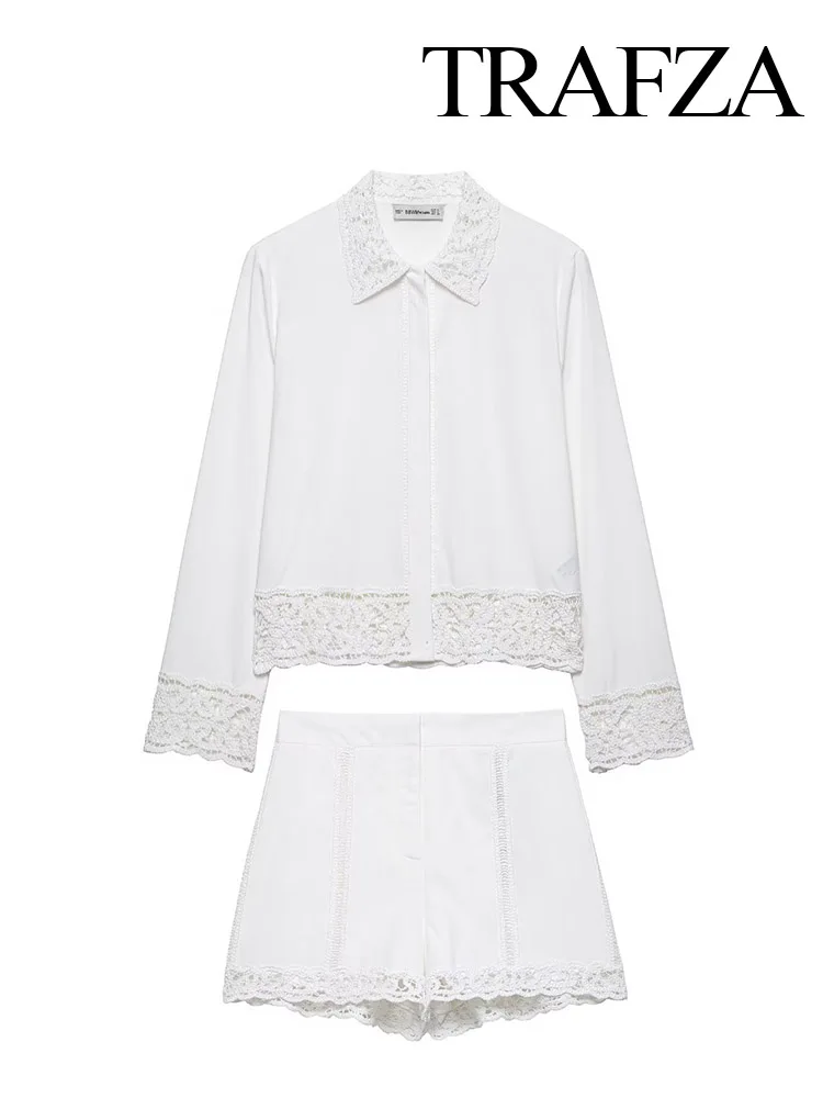 

TRAFZA Women New Fashion Hollow Crochet Single-Breasted Long Sleeves Lapel Loose Shirt Top+Summer Solid Casual Slim Shorts Suit