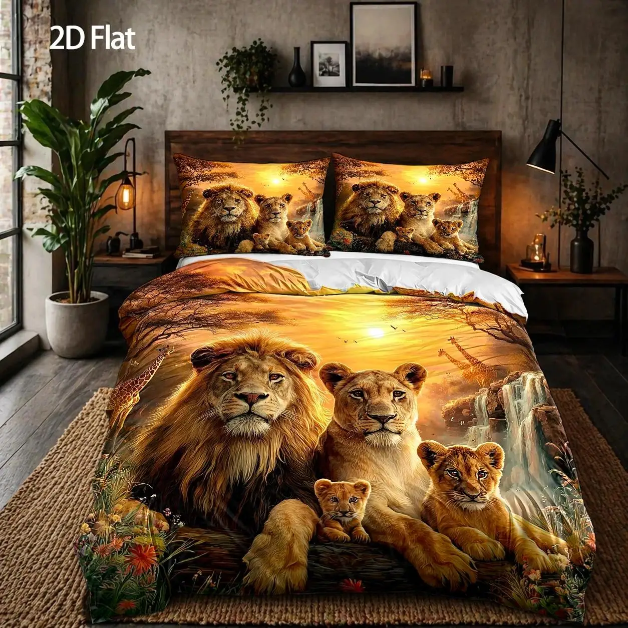 3-Piece Quilt Cover Set, 1 Quilt Cover + 2 Pillowcases (Without Filling) 2D Flat Priting, Lion Family Theme, Realistic Style, African Savanna Sunrise, Suitable for All Seasons, Machine Washable, Invisible Zipper, Large Quilt Cover Set, Bedding Set, Skin-Friendly, Breathable, Soft and Comfortable, Does Not Fade or Pill, Suitable for Home/Dormitory/Master Bedroom/Guest Room