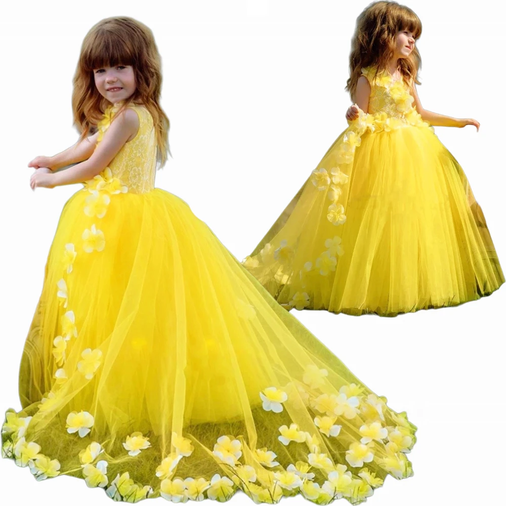 Flower Girl Dress Applique Sleeveless Tulle Lace Decal Lovely Princess Ball Pageant First Communion Gowns Kids Birthday Present