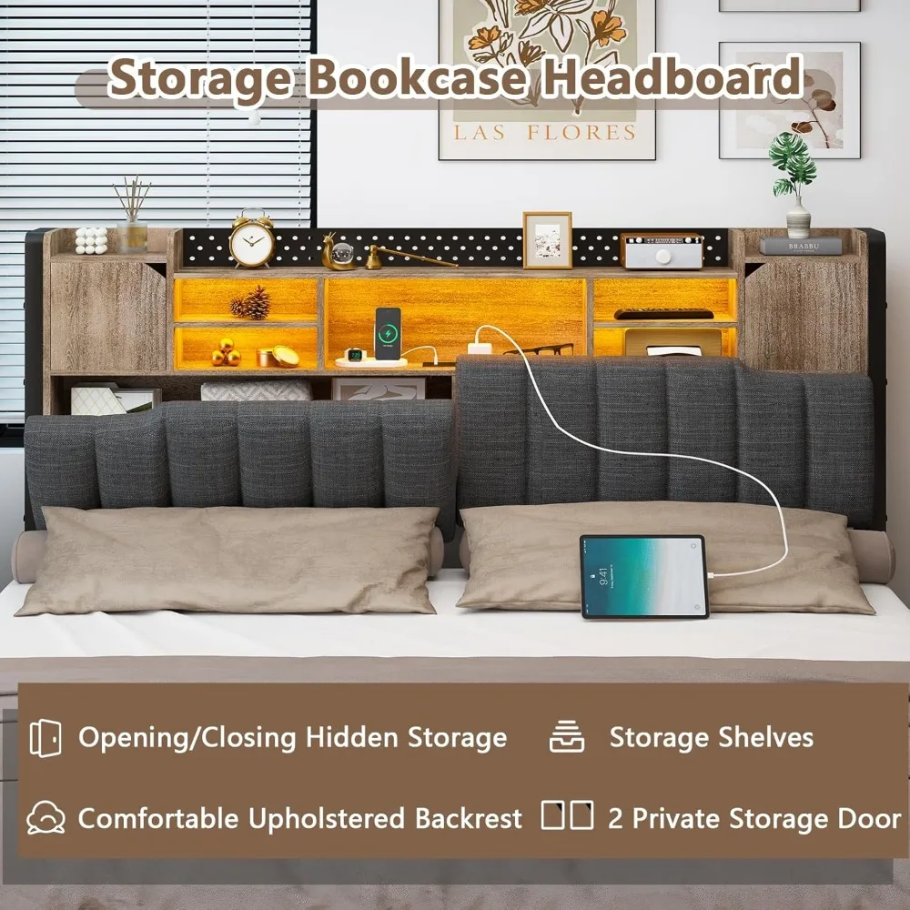 Queen Bed Frame with Storage Bookcase Headboard & LED Lights,Upholstered Bed Frame with USBCharging Station,No Box Spring Needed image 5