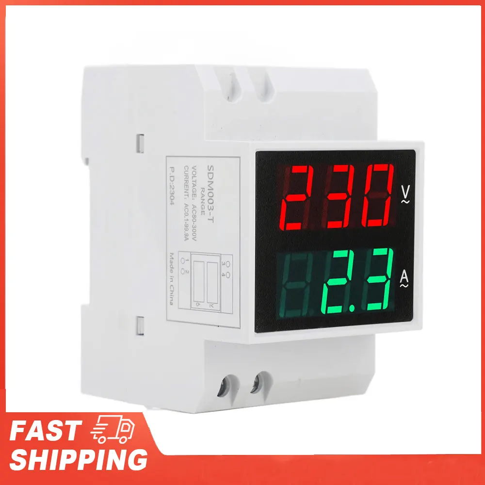 Voltage Current Meter High Accuracy AC80‑300V 0.1‑99.9A Digital Voltmeter Ammeter DIN Rail Installation Compact for Industry