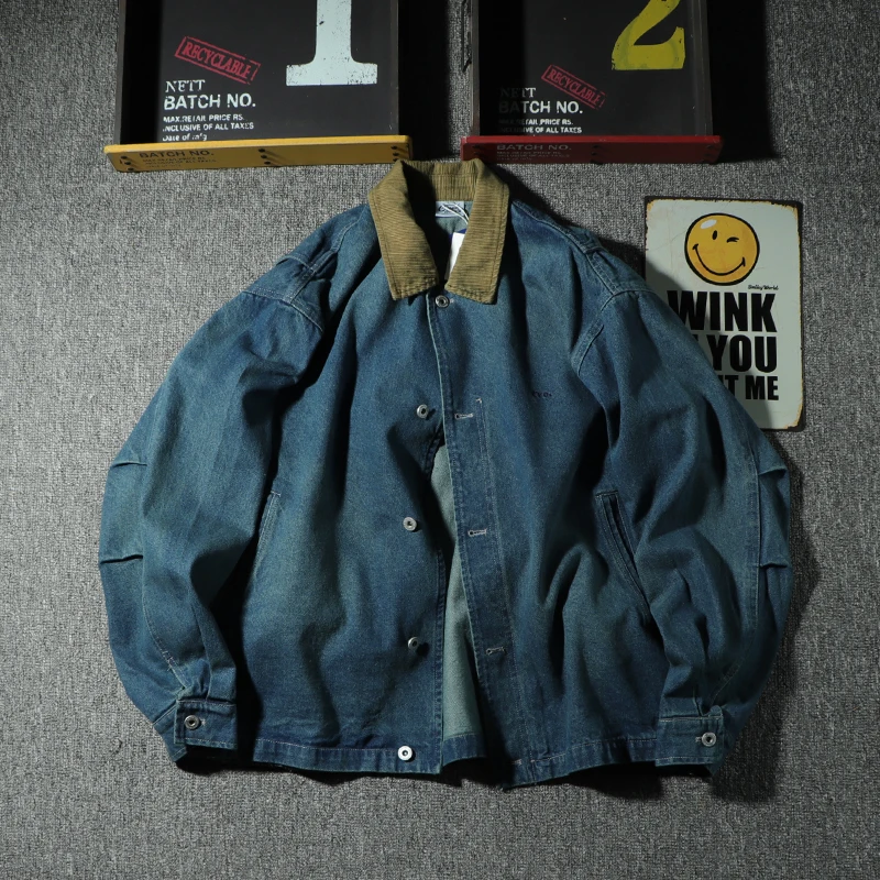 

Retro American Waed Blue Workwear Jaet Men's Denim Coat Trendy Vintage Hunting Apparel Top Loose Fit Long Sve