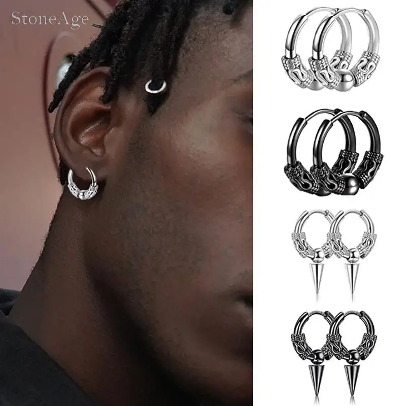 1PC Punk Gothic Designer Totem Titanium Steel Hoop Earring for Men Personality Hip Hop Piercing Accessories Jewelry Gift KAE152