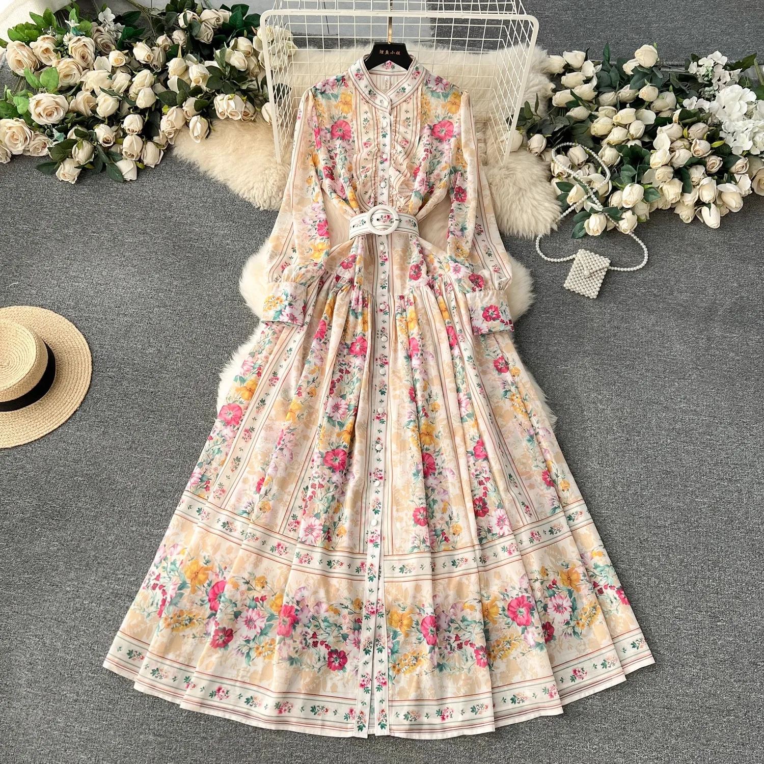 Fashion Holiday Gorgeous Flower Chiffon Maxi Dress Women's Stand Ruffles Long Lantern Sleeve Floral Print Belt Boho Robe Vestido