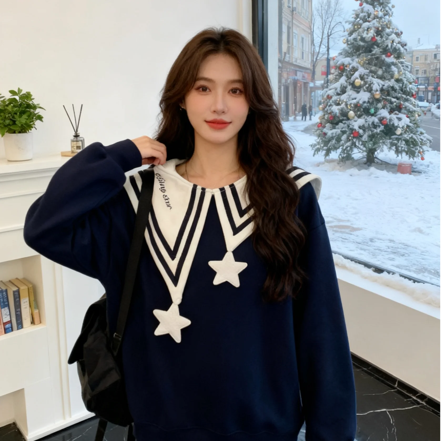 

Trendy Large Size 300 Pou Fce Lined Loose Sweatirt Navy Collar Slimming College Sle Top for plus Size Women