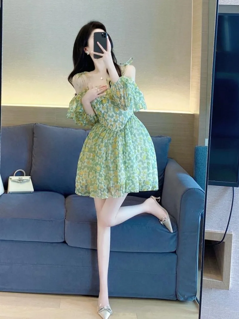 

ShpmishalFrench Fashionable Romantic Flower Dress with High Quality and Sweet Temperament One Shoulder Short Strap Dresses