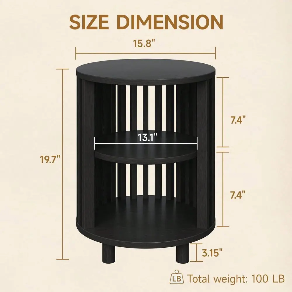 Black Fluted Round End Table Set Of 1, Mid Century Bedside Table With Curved Profile Design, Modern Nightstands Set Of 2 For Li