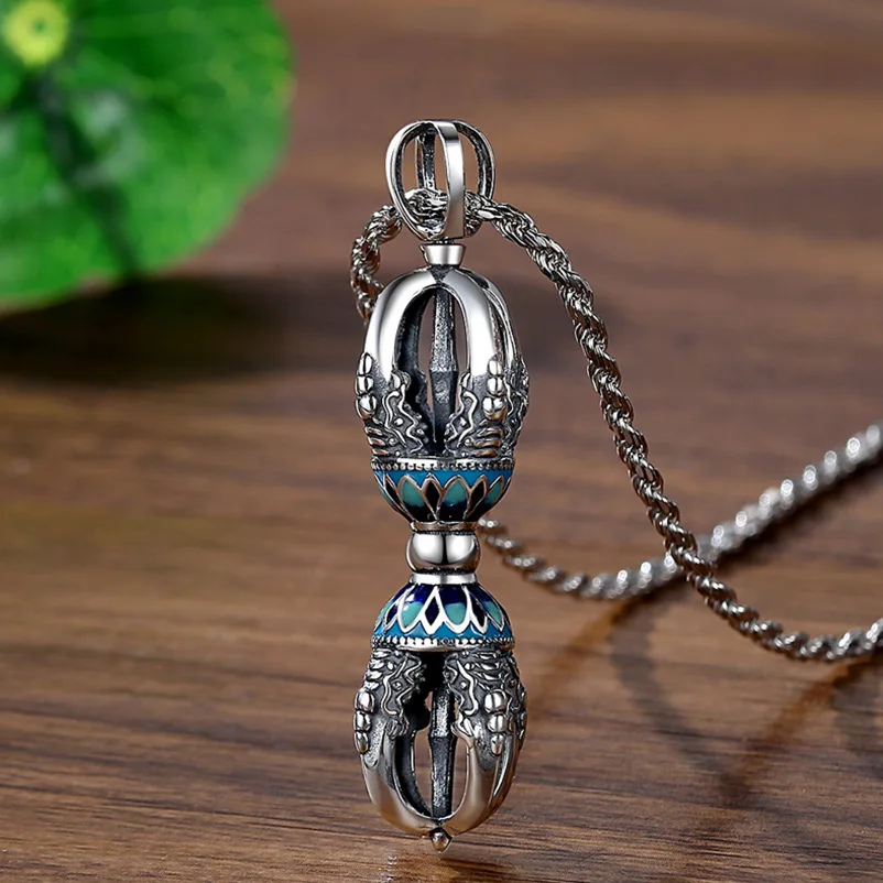 

S925Vintage Cloisonne blue King Kong pestle pendant male tide Tibetan minority design down magic pestle necklace jewelry pendant