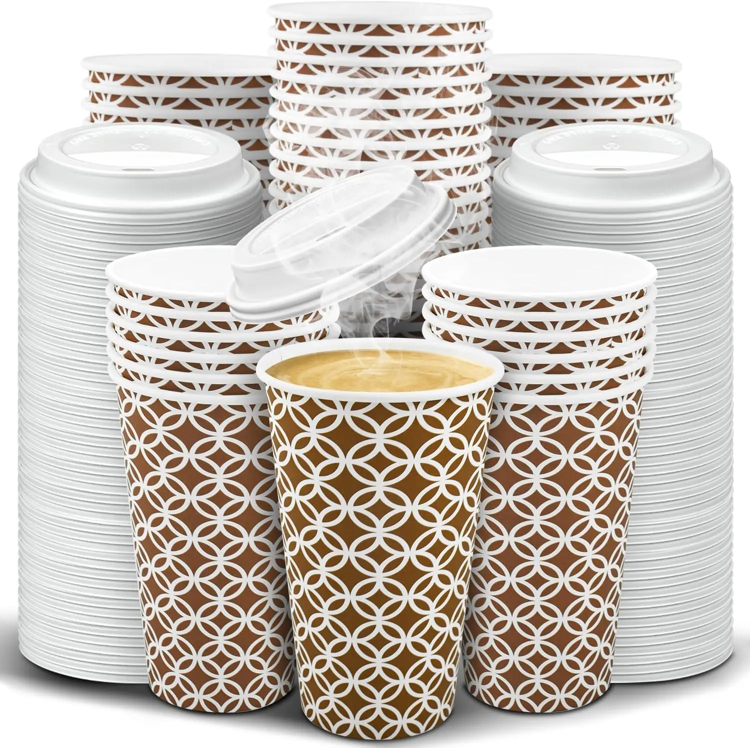 

100 Pack Disposable To Go Coffee Cups with Lids 16 oz, Brown Minimalist Pattern Paper Hot CoCoa Cups Suitable for Travel