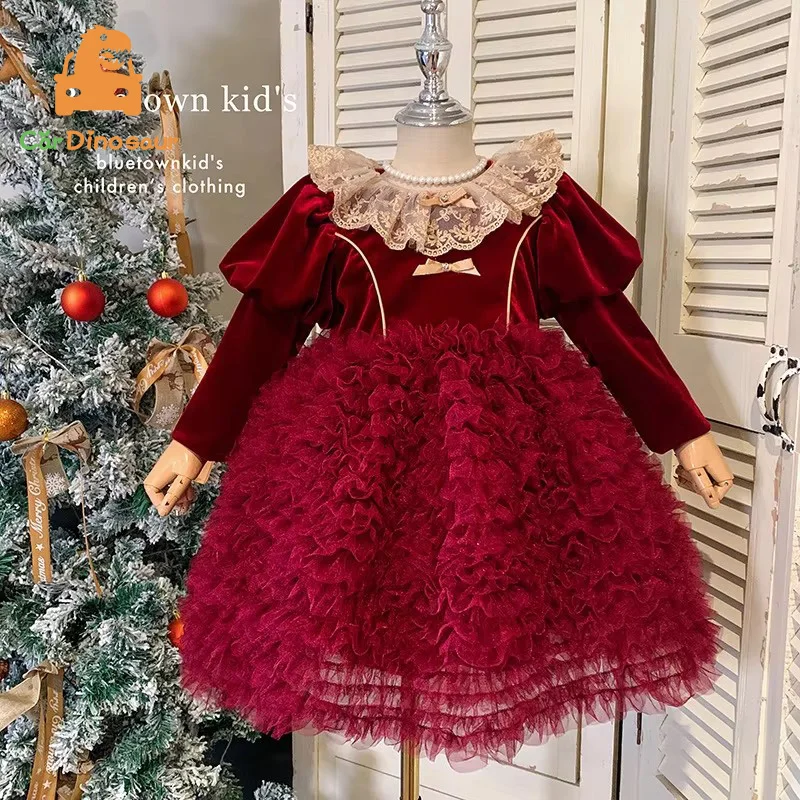 Spring Autumn New 2 3 4 5 6 8 10 Years Children Embroidery Mesh Solid Color Patchwork Crew Neck Baby Kids Girls Lace Dress