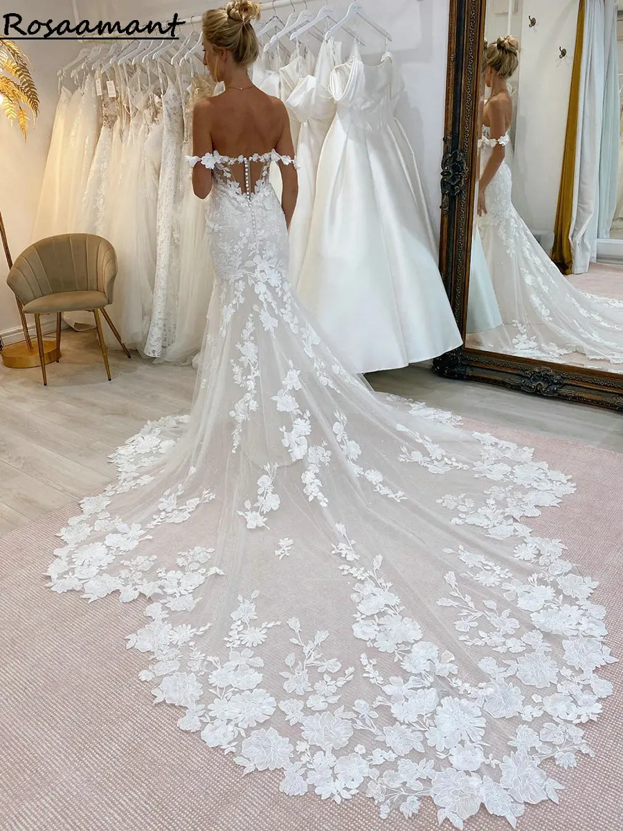 Vestidos de novia de sirena de encaje con apliques de ilusión, hombros descubiertos, Boho Country, recién llegado