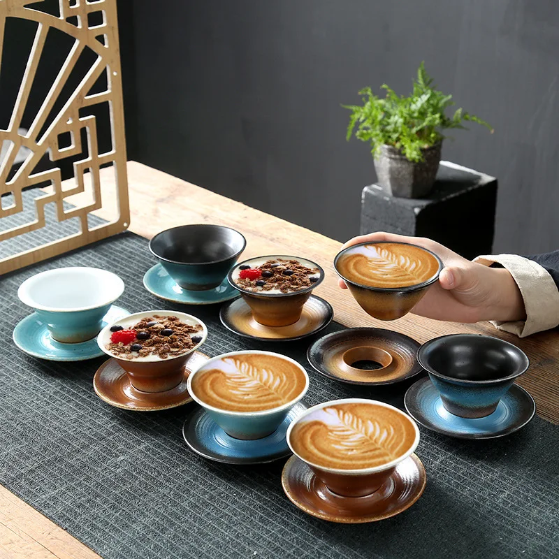 120ml Ceramic Coffee Cup Retro Flower Cup Coarse Pottery Kiln Cups and Saucers Home Decoration Japanese Tapered Ceramic Cups