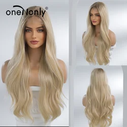 oneNonly Synthetic Lace Front Wig Long Wave Brown Ombre Blonde Wigs for Women Daily Natural Hair Resistant Fiber