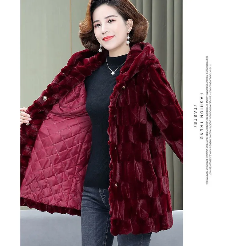 New Mother's Winter Coat High-End Mink Velvet Imitation Fur Coat Middle-Aged And Elderly Women's Hooded Thicke Mink Velvet Coat