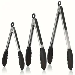 3 Size Available Heavy Duty Stainless Steel Kitchen Tongs with Silicone Tips High Heat Resistant Locking Design Secure Grip