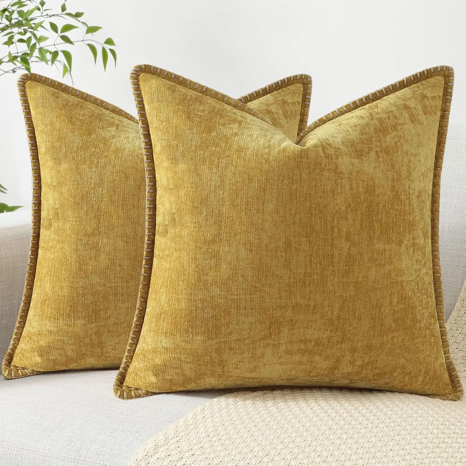 

Chenille Soft Throw Pillow Covers 24X24 Set Of 2, Farmhouse Velvet Decorative Pillow Covers With Stitched Edge For Couch Sofa