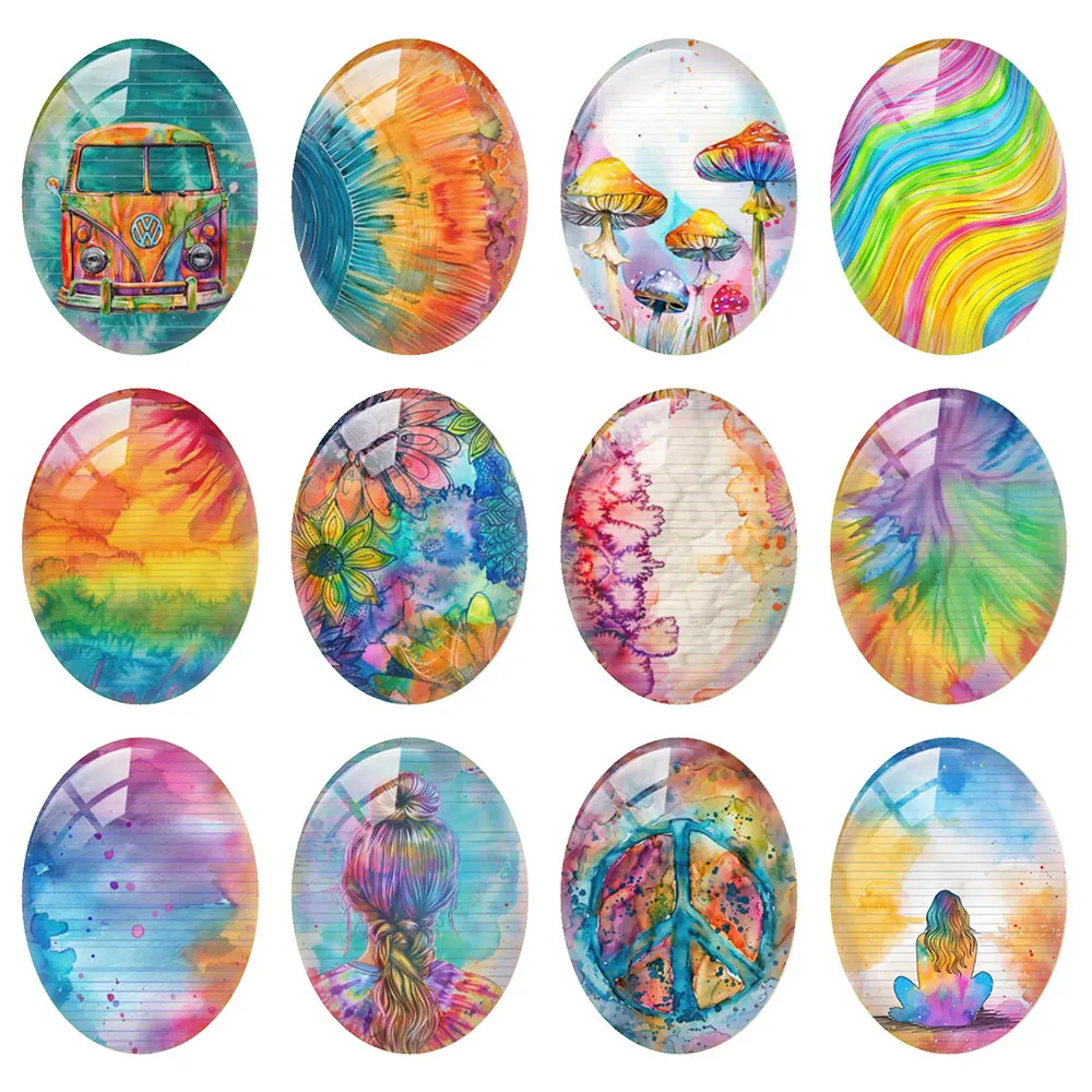 Random Mixed Round/Oval/Square Batik Dyeing Rainbow Dreamland Photo Glass Cabochon Flatback Demo Cameo For Diy Jewelry Making