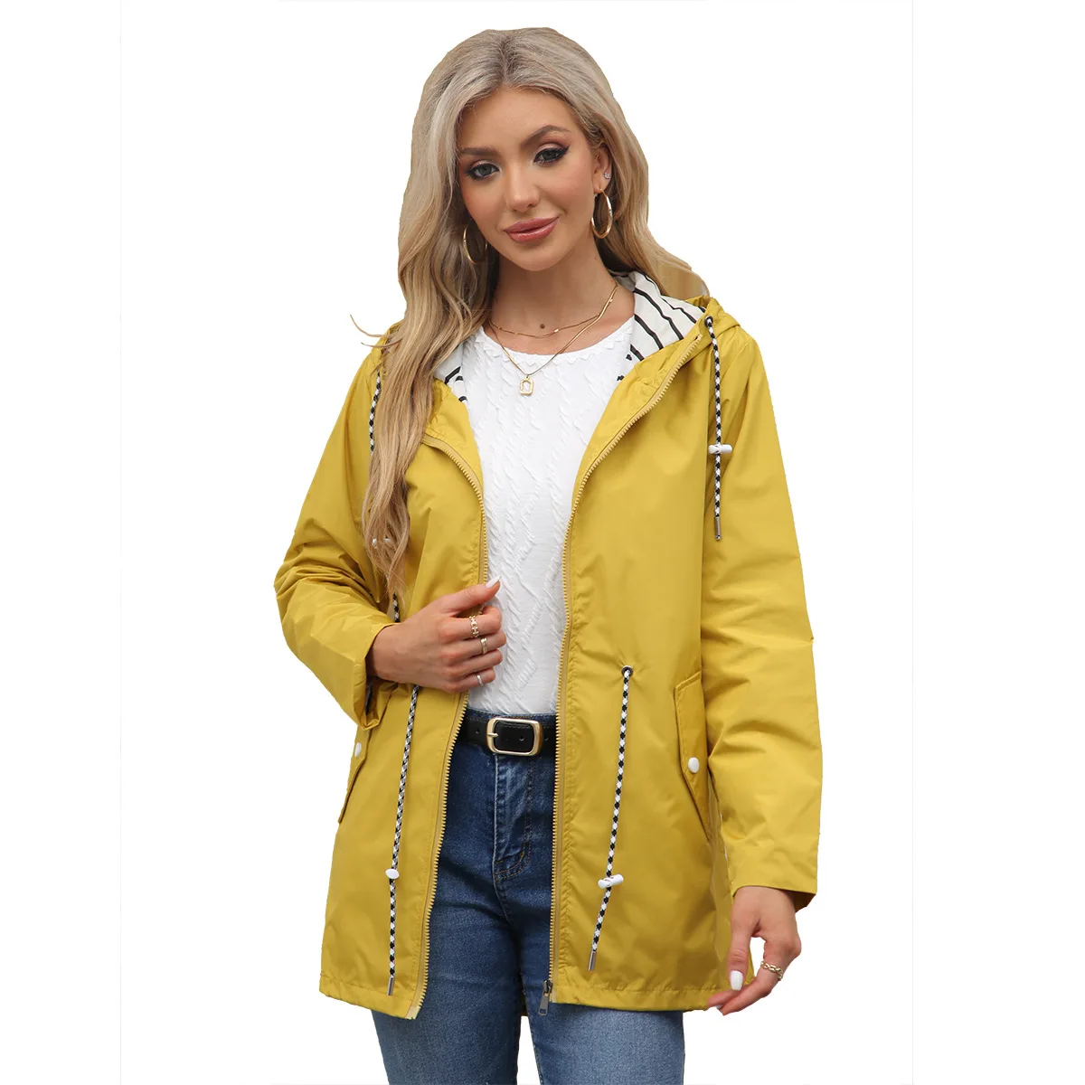 Women's New Mid Long Hooded Trench Coat Water Resistant Striped Lining Comfortable Casual Elegant Office Zipper Ladies Outerwear