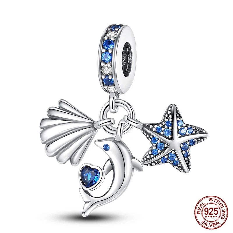 925 prata esterlina pingente de talão para mulheres, zircão azul, animais subaquáticos charme, se ajusta pandora, pulseira original, colar, novo