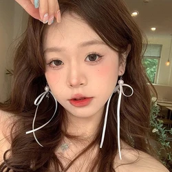 Korean Style Sweet Fresh Ribbon Bowknot Charm Stud Earrings Fashion Pearl Heart Dangle Ear Buckles For Girl Ballet Ear Jewelry
