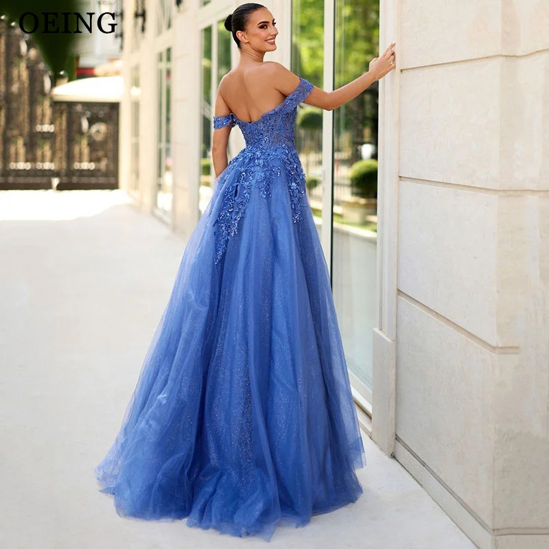 

OEING Blue A-Line Princess Prom Dresses Elegant Appliques Off The Shoulder Party Gowns Simple Floor-Length Soft Tulle Customized