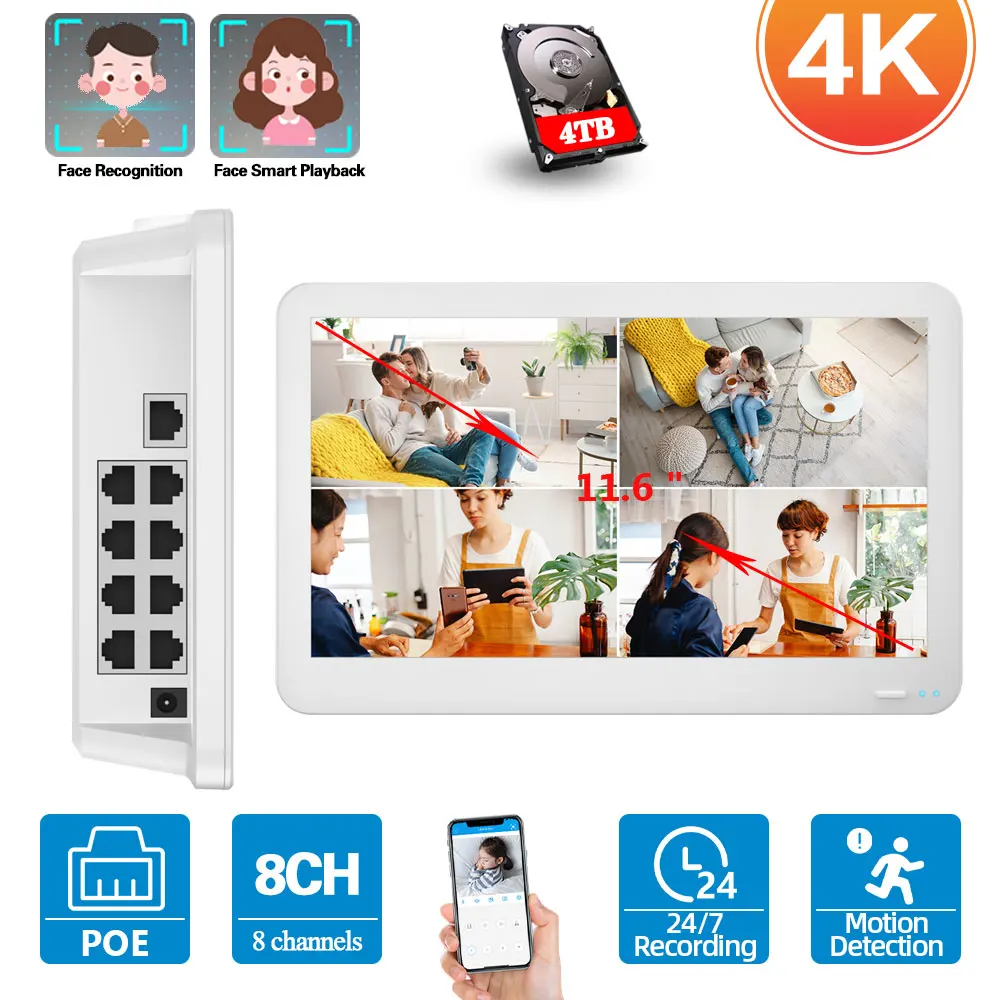 

XMEYE 8CH 4K HD POE NVR Security System with 11.6" LCD Monitor H.265 CCTV Network Video Recorder 8MP P2P NVR Surveillance System