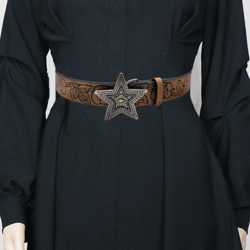 MXMB Metal Star Buckle Waist Belt Adjust PU Belt for Girl Jeans Skirt Coat Decorative