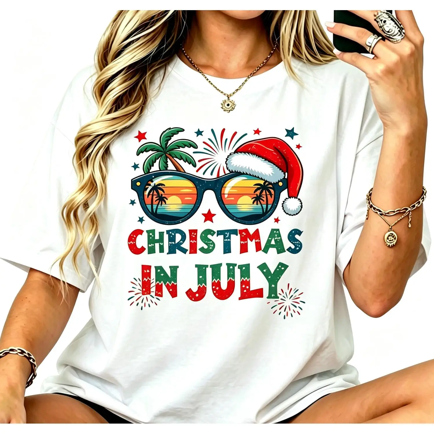 Women Christmas in July Tee Funny Sunglasses Summer Beach Hawaii Santa T-Shirt Short Sleeve