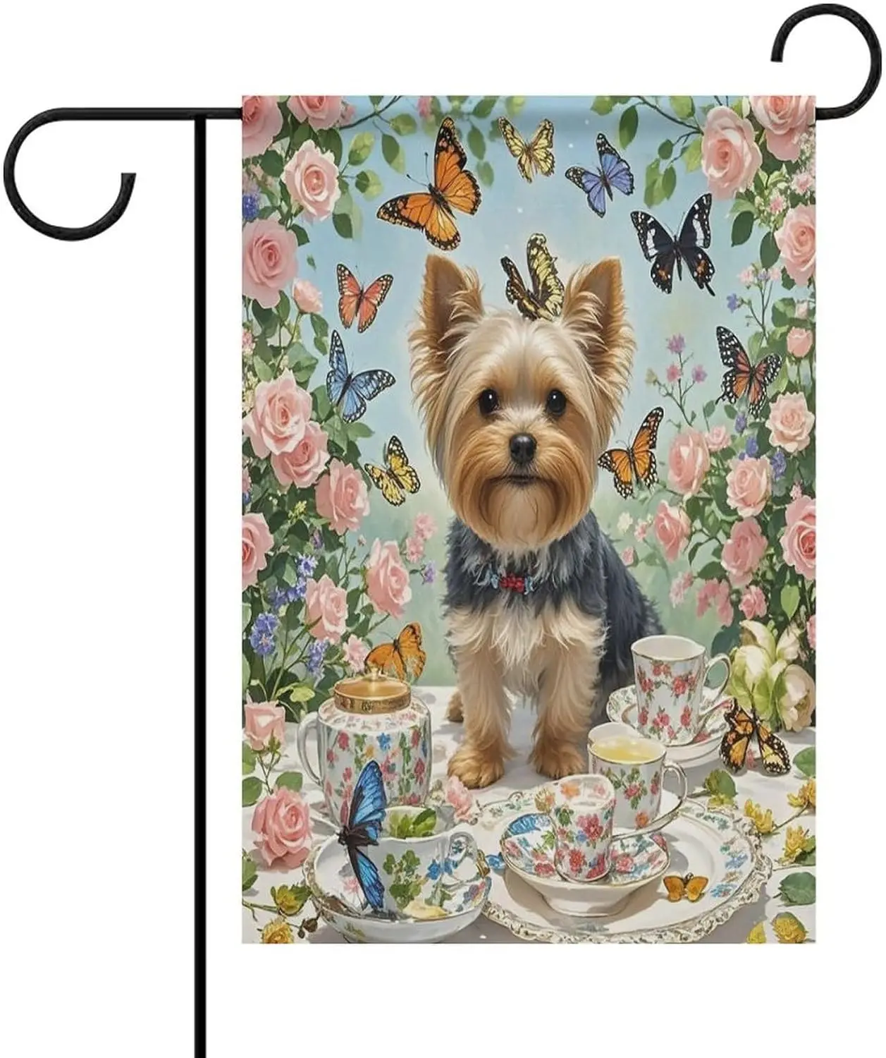 Yorkshire Terrier Tea Party Butterflies Roses Garden Flag 12x18 Inch Double Sided Outside Small Welcome Yard Flag Seasonal O llp