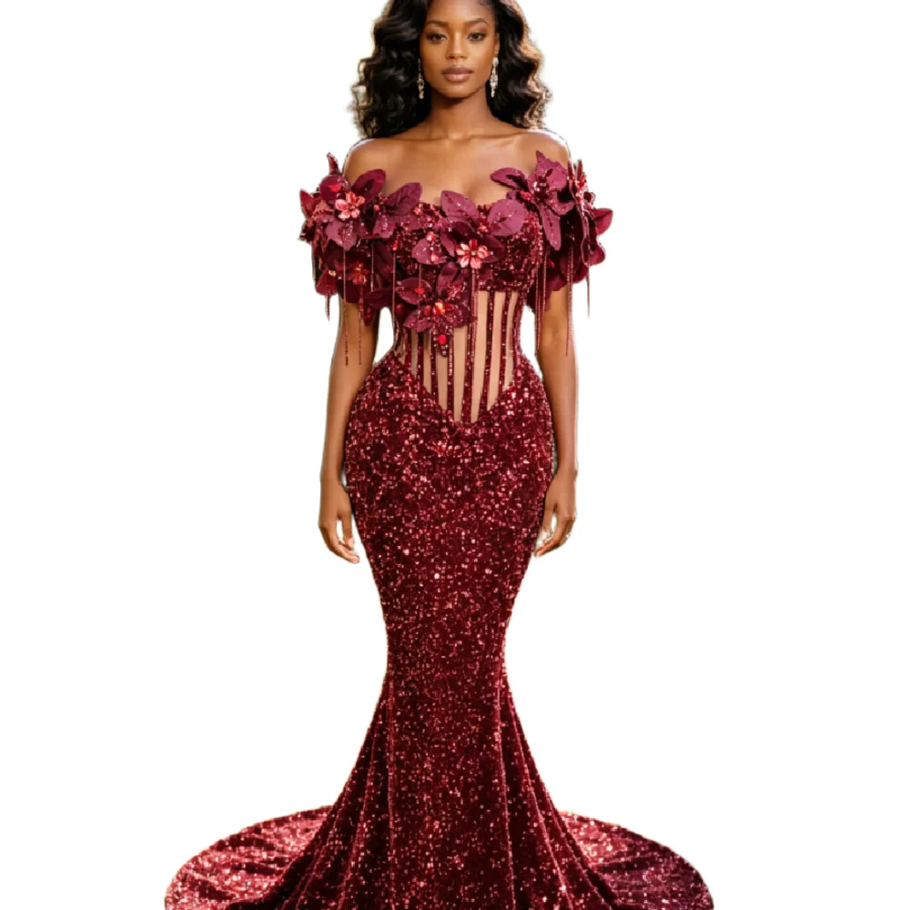 Glitter Gold Sequin Prom Dresses With 3D Florals Mermaid Plus Size Tassel Evening Dress Aso Ebi Formal Beaded Birhday Evening - view 3