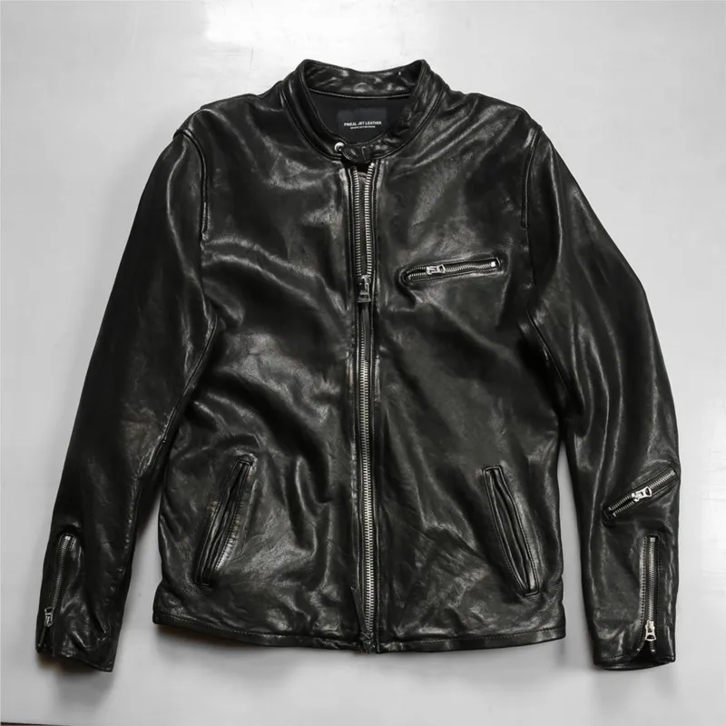 Stand-up collar casual motorcycle leather for men undyed and washed pleated vegetable-tanned