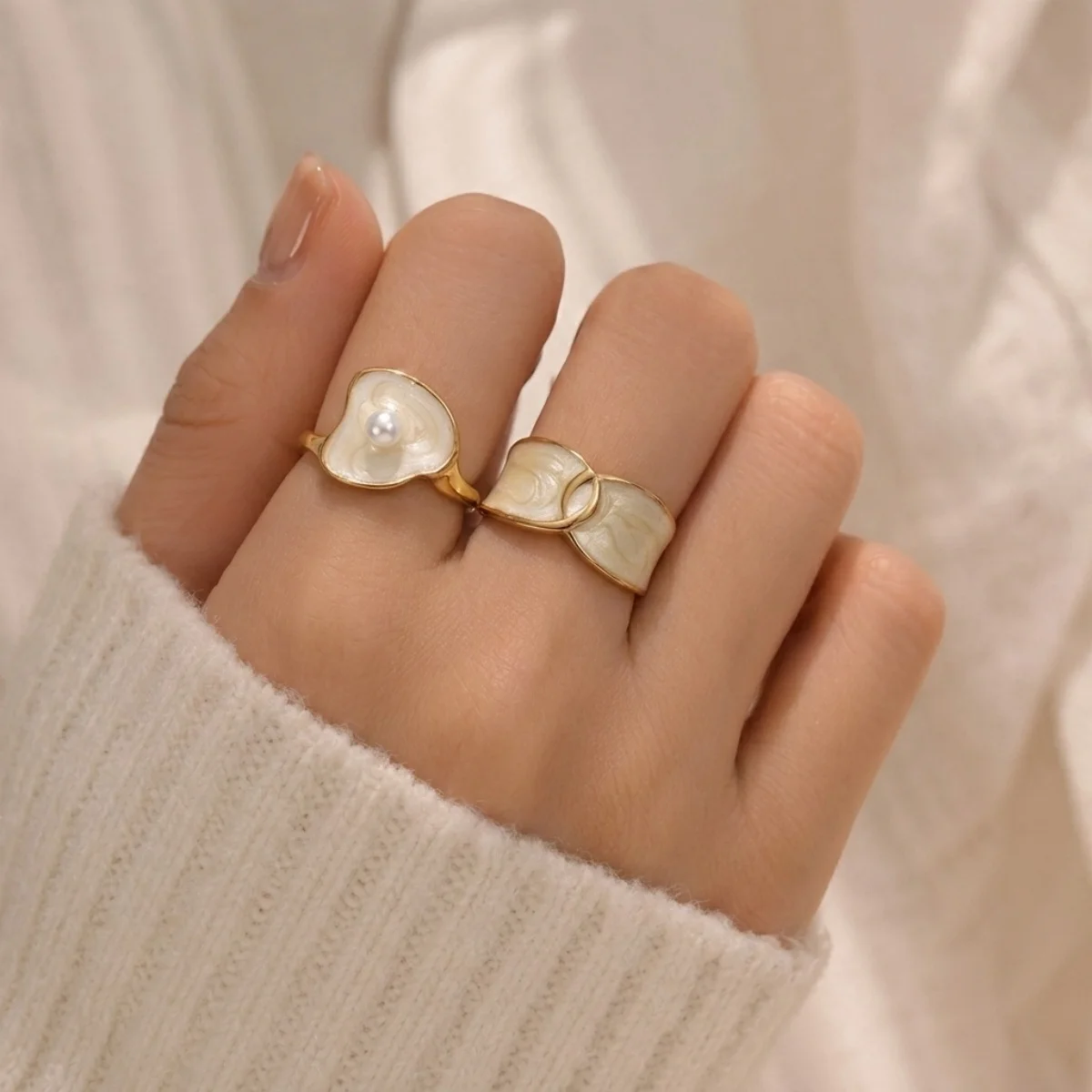 Edelstahl-Rechteck-Naturstein-Emaille-Fingerringe für Damen und Herren, königlicher Vintage-geometrischer Imitationsperlenring, Schmuck – Detail 16