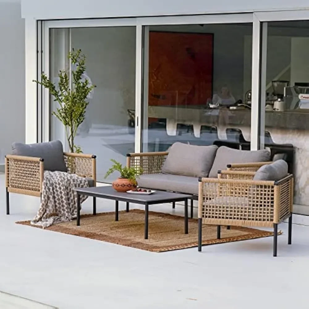 4-Piece Conversation Set Rust Free Patio Furniture Set Open-Weave Wicker Olefin Modern Sofa Seating for Garden Gray Balcony Sets