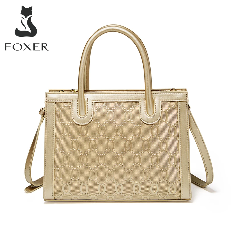 FOXER Luxury Embossed Tote Handbag For Women Cowhide Leather Fashion Ladies Shoulder Crossbody Bag Large Capacity Commute Purse