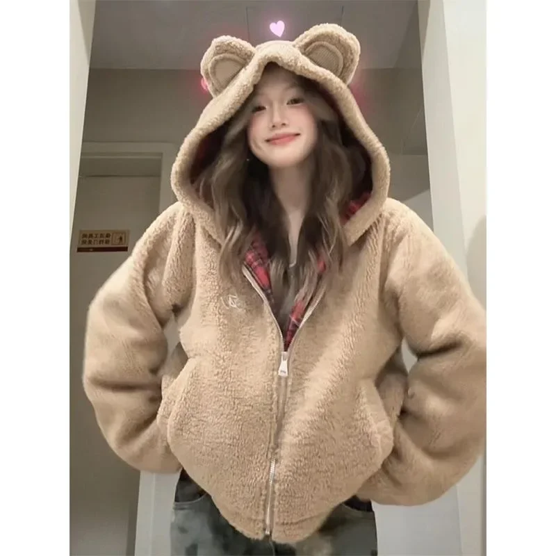 Artificial Lamb Wool Brown Cute Hoodie Jacket Harajuku Loose Sweet Women Baggy Sweatshirt Young Teens Kawaii Hip Hop Tops Casual