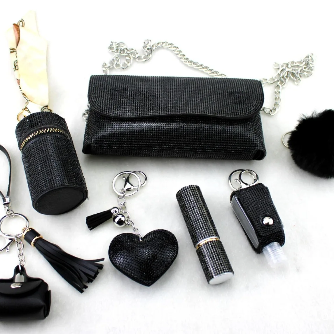 

8-piece Fashion Slant Phone Satchel Perfume Bottle Hairball Portable Accessory Keychain