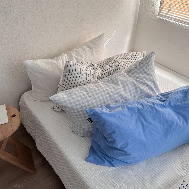 

2Pcs Pillowcase Washed Cotton Solid Color Stripes Plaid Pillow Cover Simple Decorative Pillow Cover 48*74cm