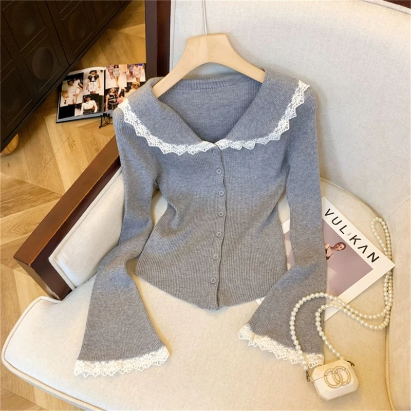 ฤดูใบไม้ผลิฤดูใบไม้ร่วงใหม่ Turn-Down คอยาวแขนยาวแฟชั่นเสื้อกันหนาวผู้หญิง High Street Casual Slim ปุ่มเสื้อสเวตเตอร์ถัก Elegant Lace Tops