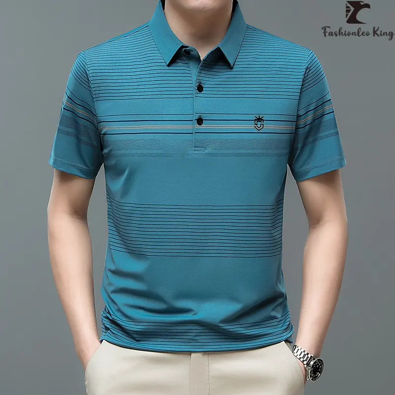 

New Brand Men's Short Sleeve Stripe Polo Shirt Casual Loose Formal Tee Shirt Collar T-shirt Tops