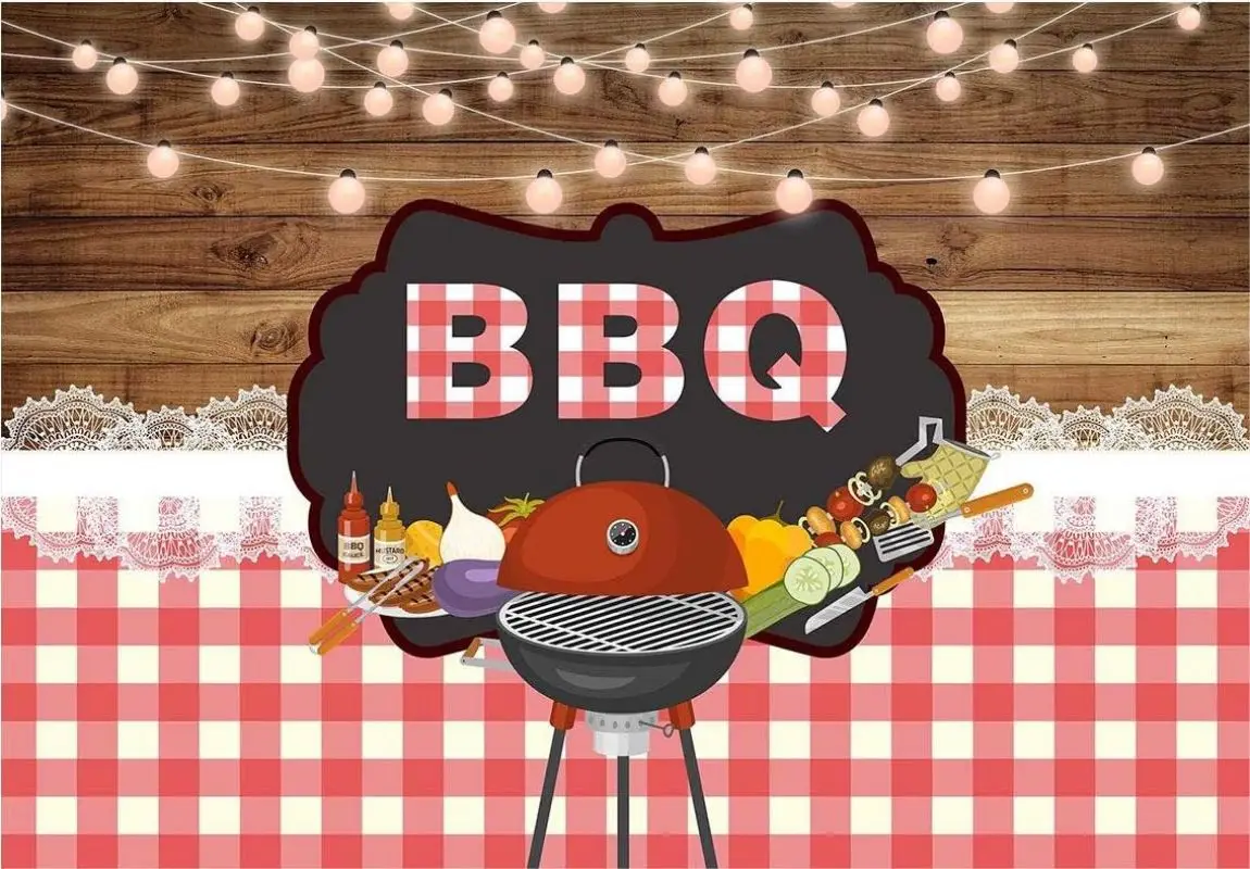 BBQ Backdrop Brown Wooden Board String Lights Lace Barbecue The Wild Grill Stand Photo Background Party Decoration Studio Props