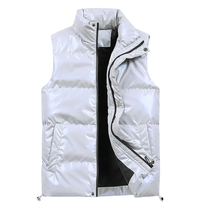 

Men's vests korean Fashion Shiny Winter Warm Pockets parkas Cotton Padded Jackets Male White Black Autumn Waistcoat 5XL