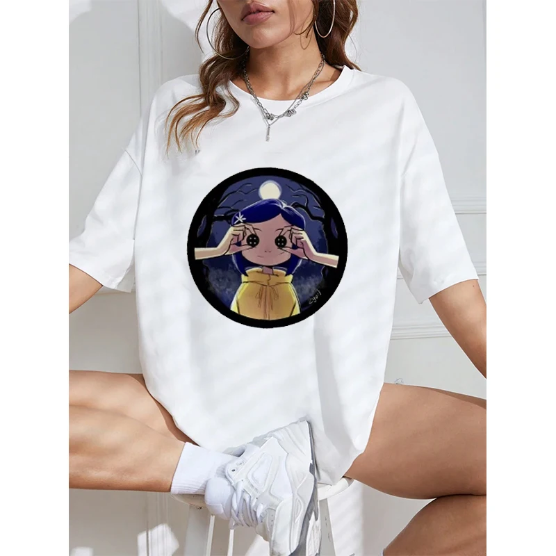 Cartoon Coraline Printed Tshirt Men Woman Streetwear Summer Oversize Loose Cotton Tee Tops Harajuku Unisex Short Sleeve Clothing