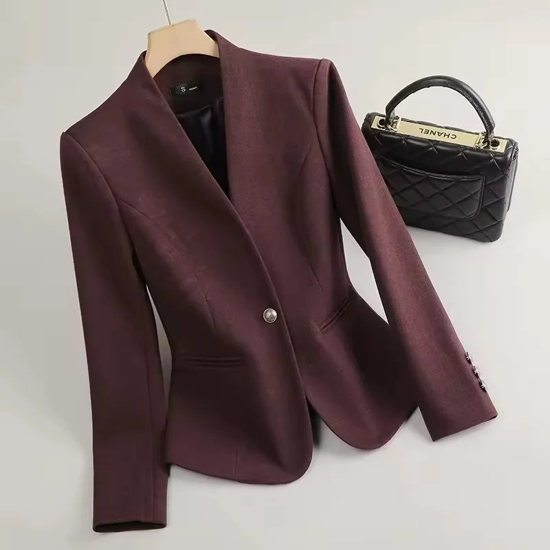 

Spring Autumn New Short Collarless Blazers Women Outerwear Temperament Commuter Professional Office Lady Suit Jacket Female Top