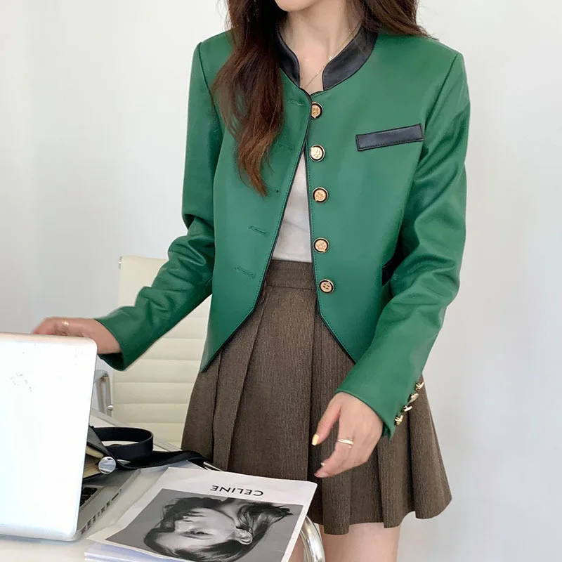 2023 Sheep Leather Jacket Women's Spring Fashion Short Irregular hem Slim Outerwear Stand Collar Gold Button Motorcycle Leather