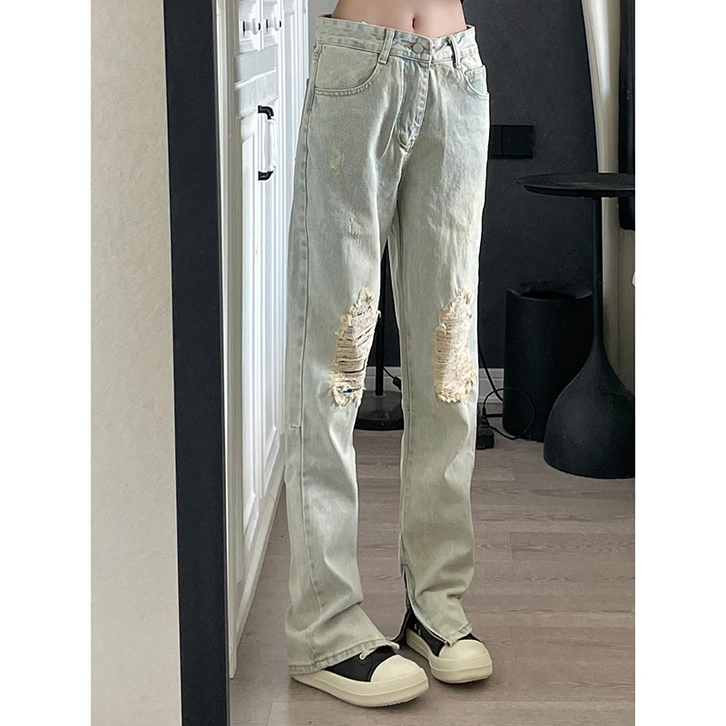 

American Sle Men's Jeans High Street Cool Zipper Slit Micro Flared Pants Vibe Straight Leg Denim Jeans Youth Trend Autumn Wear