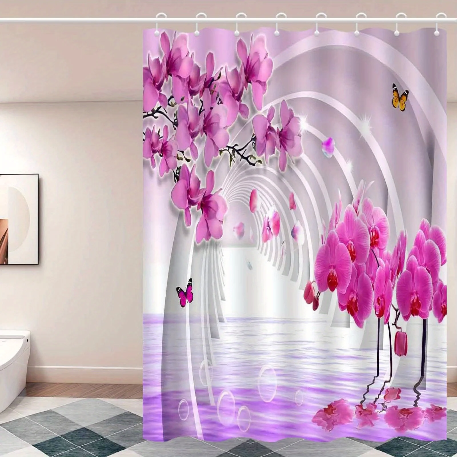 Orchid Shower Curtain Pink Orchids Water Reflection Tunnel Art Fantasy Design Elegant Decor Waterproof Fabric Bath Curtain Set