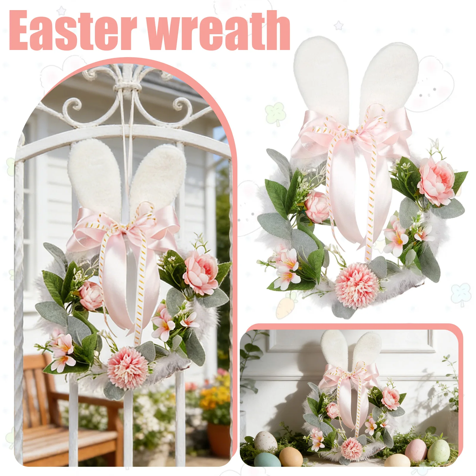 Easter Wreath Rabbit Ear Fluffy Sweet Vine Easter Decorations Spring Decor Home Decor Door Wreath Wall Decor Easter Party Decor - Detail 1