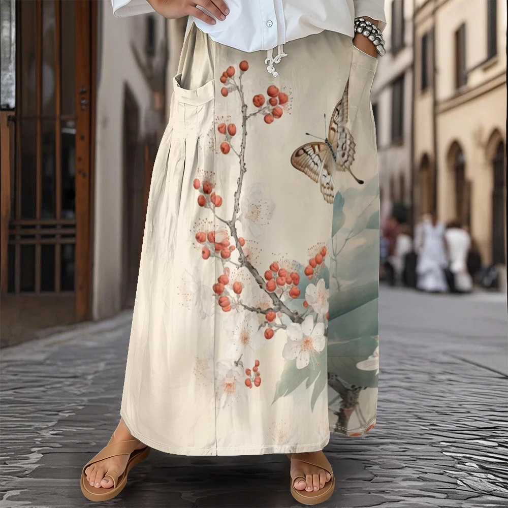 

Elegant Harajuku Plum Blossom & Butterfly Maxi Skirt Vintage Drawstring Waist & Side Pockets Boho Loose Fit Summer Skirt