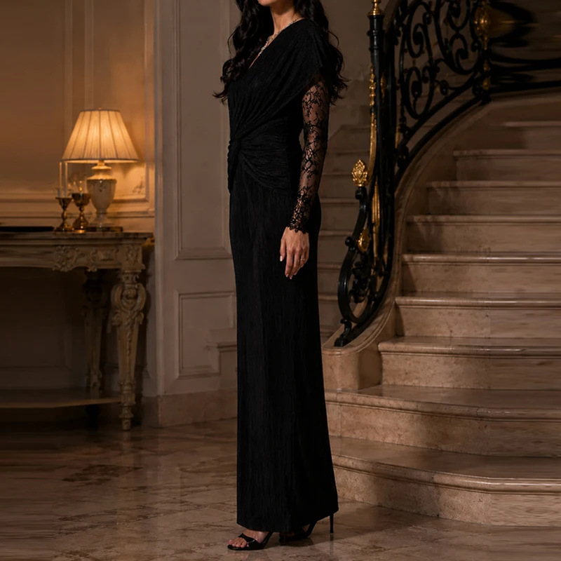 Black Lace Long Sleeved Autumn Banquet Dress Fashion V Neck Twisted High Waisted Robe Dress Velvet Slim Fit Women Office Dresses