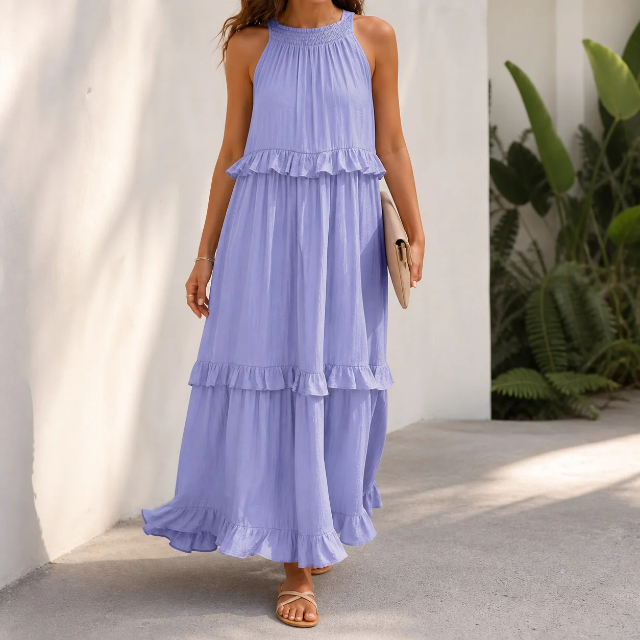 Maxi Skirt Pullover Dress Maxi Length Refined Commuter with Round Neck Elastic Waist Elegant Ultra Full Skirt Dresses for Women